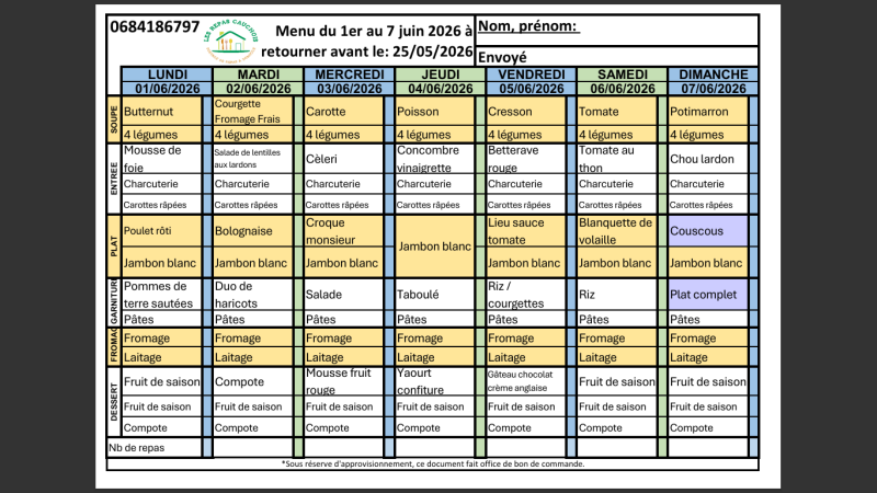 Repas de la semaine du 1et au 7 juin : fraîcheur et gourmandise au rendez-vous