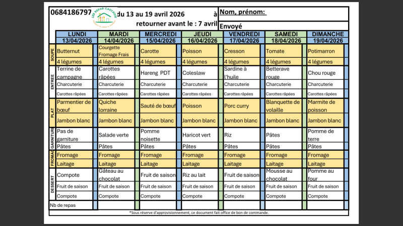 MENUS CLASSIQUE - AVRIL