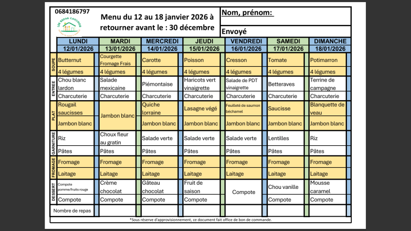 Repas de la semaine du 12 au 18 janvier : fraîcheur et gourmandise au rendez-vous