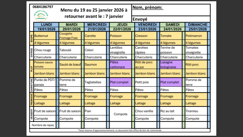 Menus CLASSIQUES - JANVIER