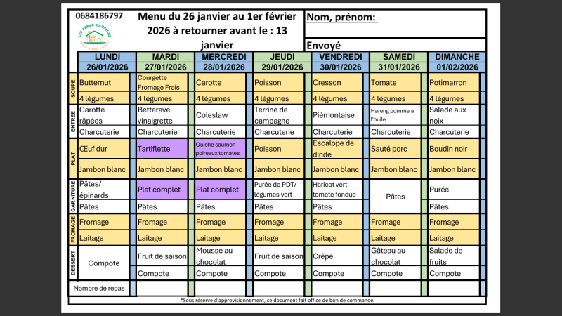 Menus CLASSIQUES - JANVIER